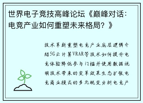 世界电子竞技高峰论坛《巅峰对话：电竞产业如何重塑未来格局？》